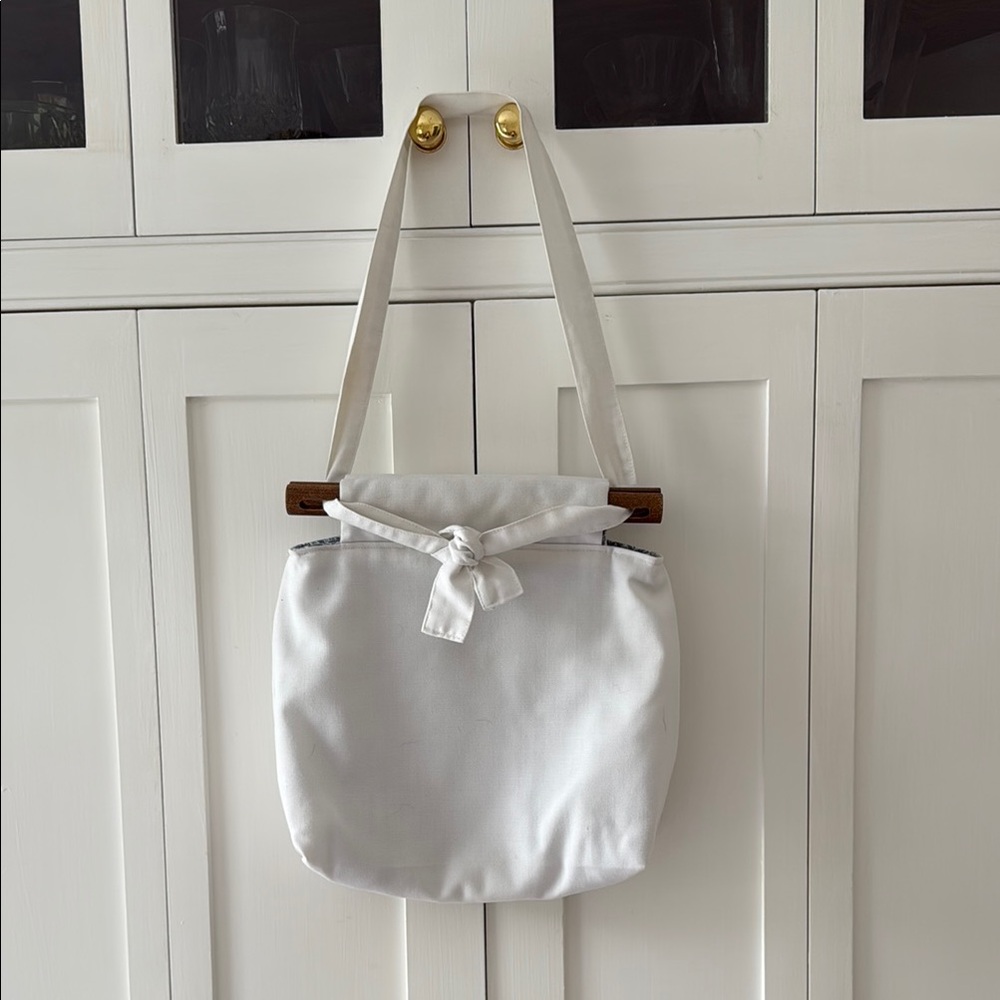 Super cute White Tote Bag with wooden handles